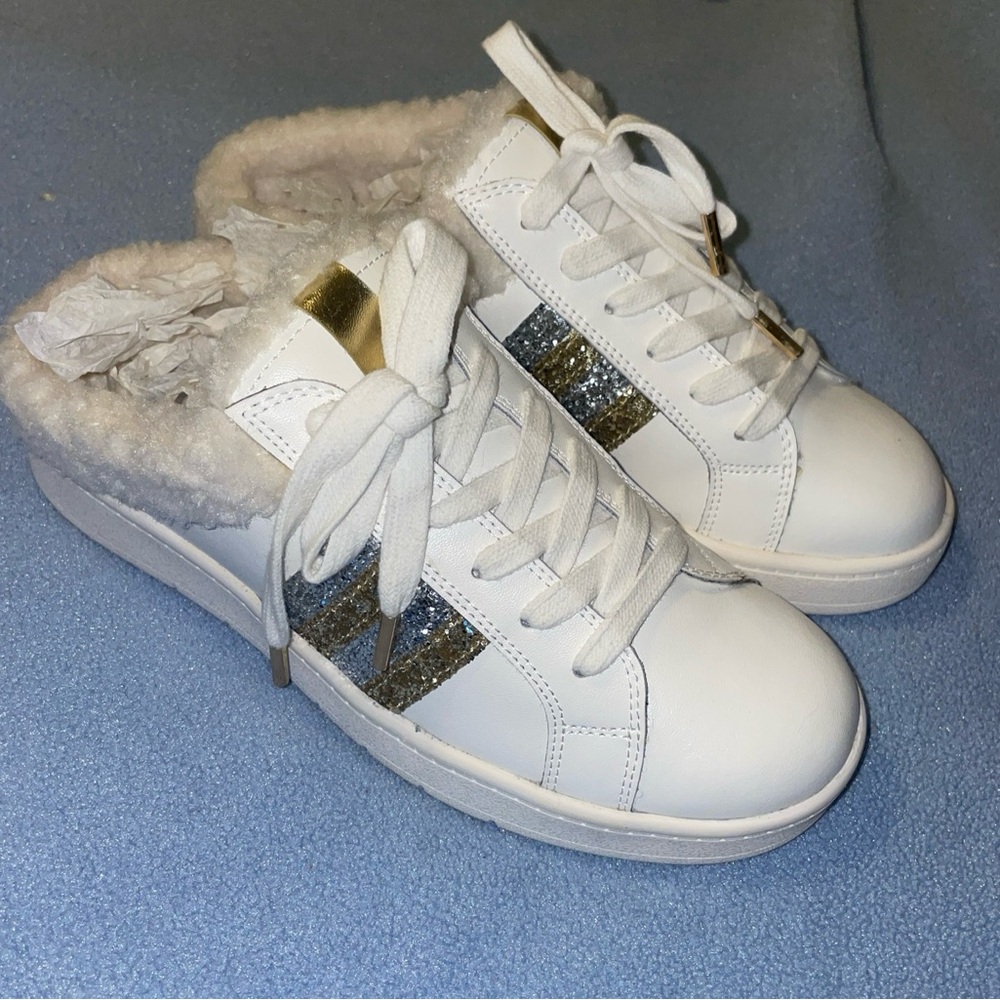 White House Black Market White Leather slip on glitter Sneakers size 6.5 NWOB